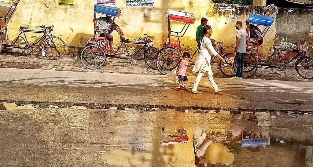 mom and son walking